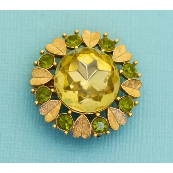 Vintage Green Rhinestone Heart Circle Art Deco Brooch by Avon - E1 - Picture 1 of 2